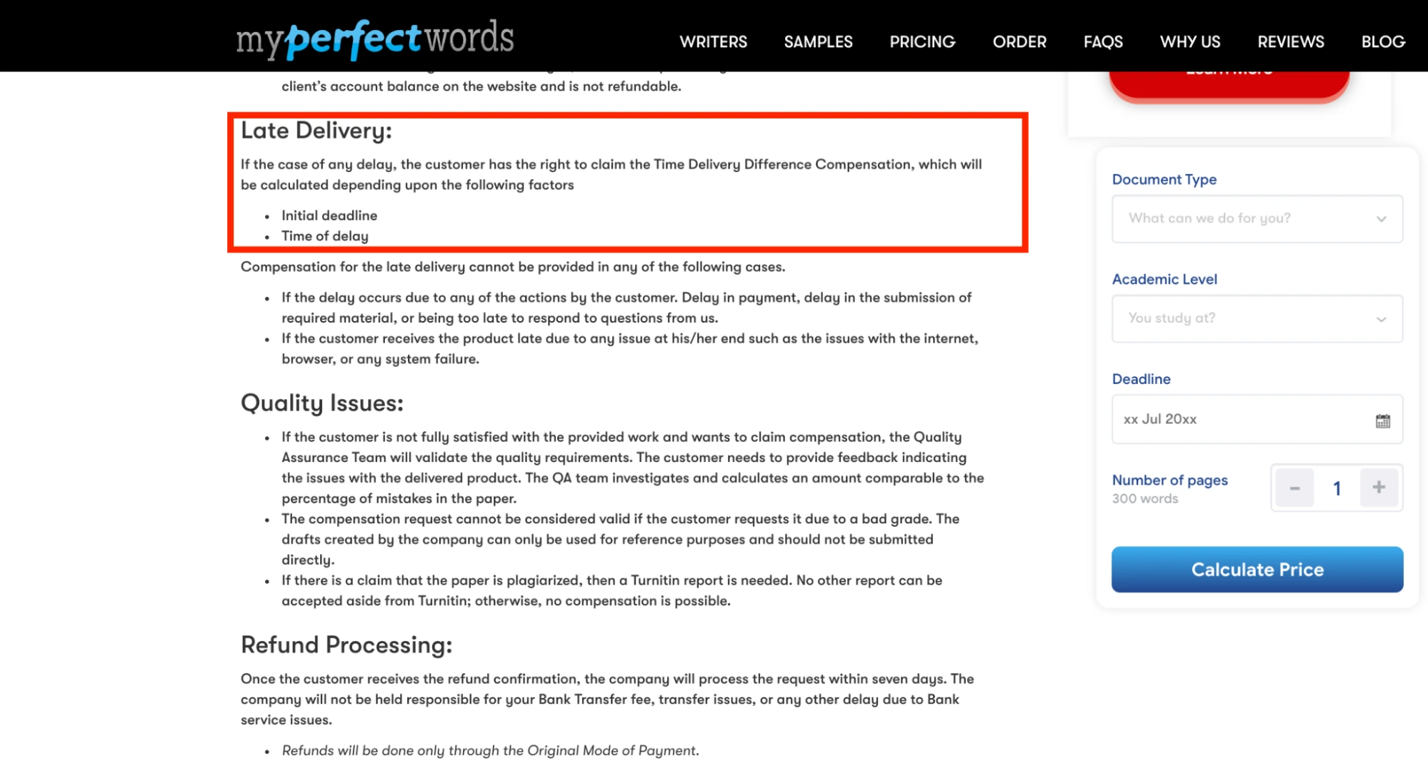 MyPerfectWords refund policy